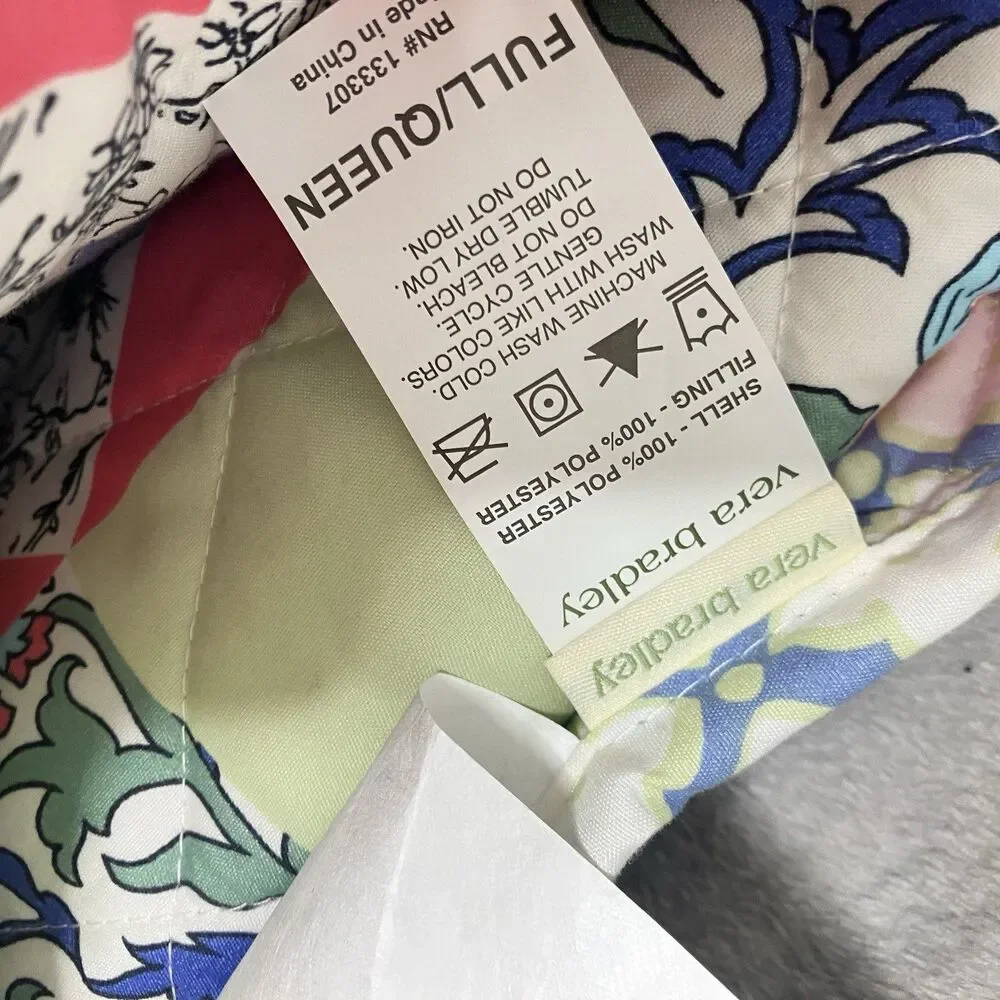 Vera Bradley Full Queen Quilt Set 3 Piece Reversible Floral Patchwork Blue Green